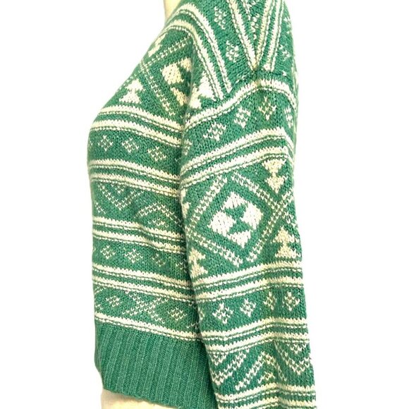 NWT American Eagle Green/White Geometric Pull Over Oversized Cropped Sweater-XS - Picture 3 of 9
